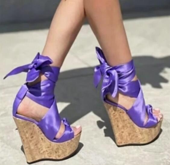 Cork Wedge Sandal - Sandal Wedges Sutra Kotak-kotak Merah Muda